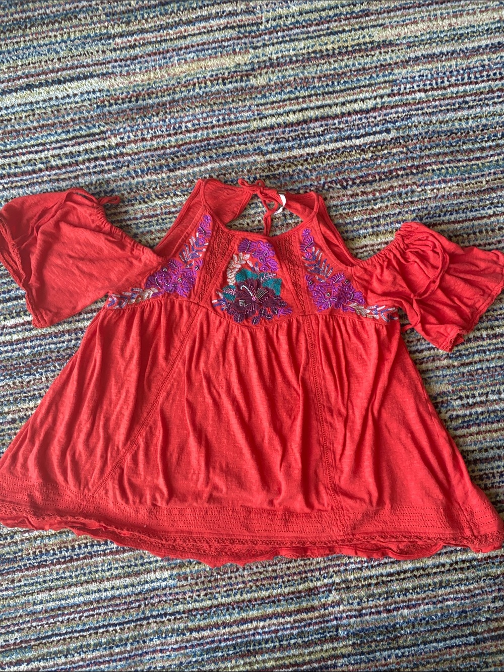 Free People Red Cold-Shoulder Embroidered Tunic